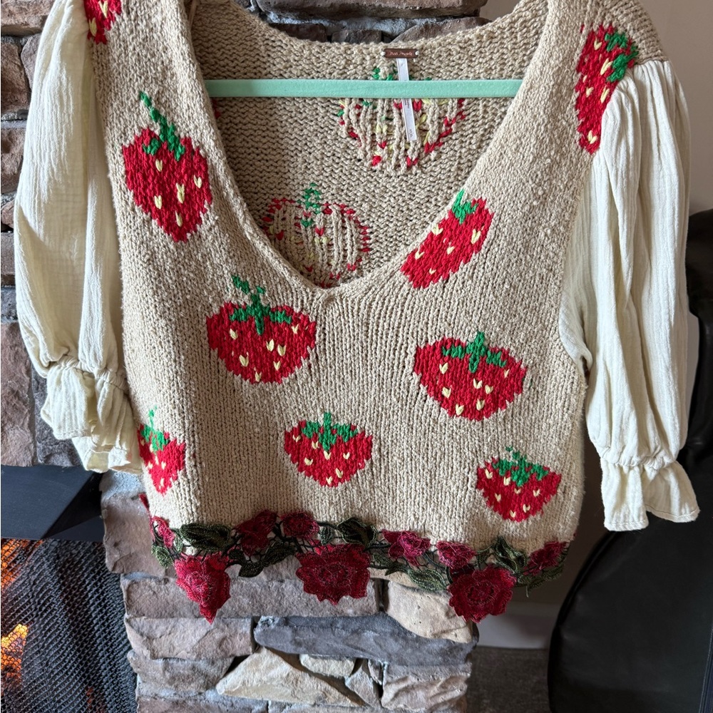 Free People Cream and Red Strawberry Knit top - Picture 10 of 14